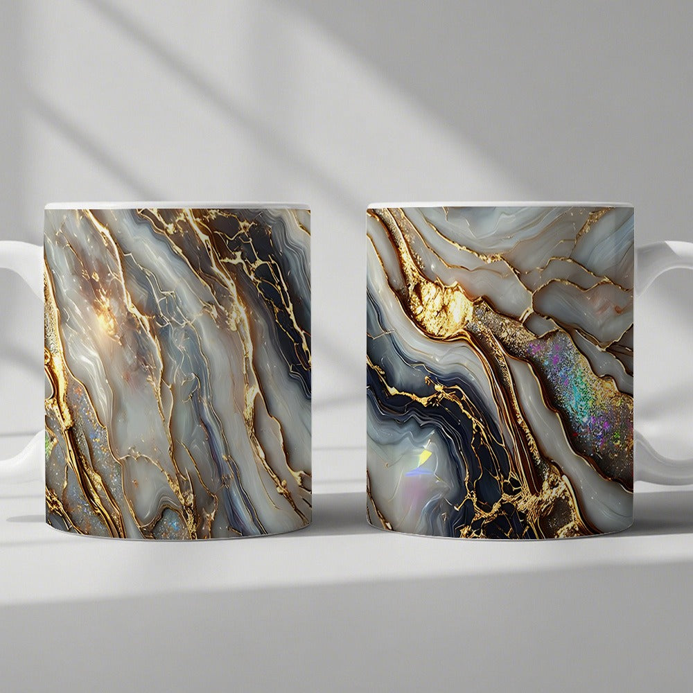 11oz Ceramic Coffee Mug with Agate Vein Print, Black Interior and Black, White or Pink Handle Options