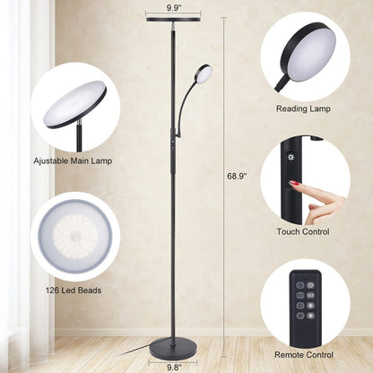 Dual-Head Torchiere Floor Lamp with 27W Main Light, 7W Reading Arm, Four Color Temperature Modes and Remote or Touch Control