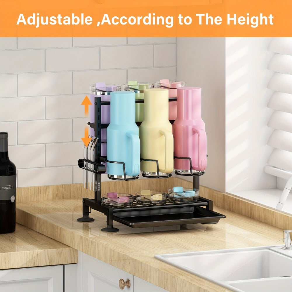 Six-Grid Adjustable Cup and Tumbler Storage Rack with Vertical Dividers, Drip Tray and Countertop Feet