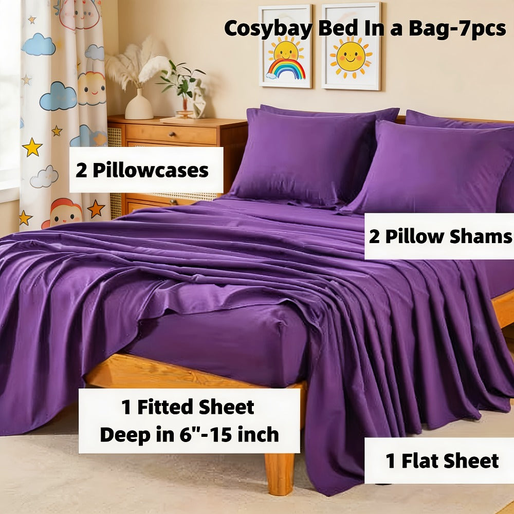 Seven-Piece Comforter Bed-in-a-Bag Set with Short-Plush Fabric, 12 Colors and Full, Queen or King Sizes
