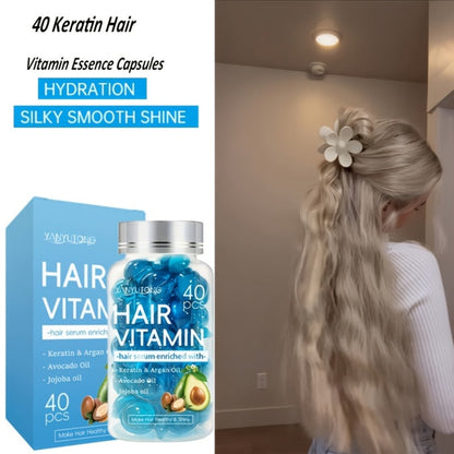 Hair Oil Capsules 40pcs — Keratin Hair Vitamin Essence with Moroccan Argan Oil, Avocado Oil & Jojoba Oil | No-Rinse Deep Nourishing & Smoothing Treatment for Frizz Control & Shine | All Hair Types