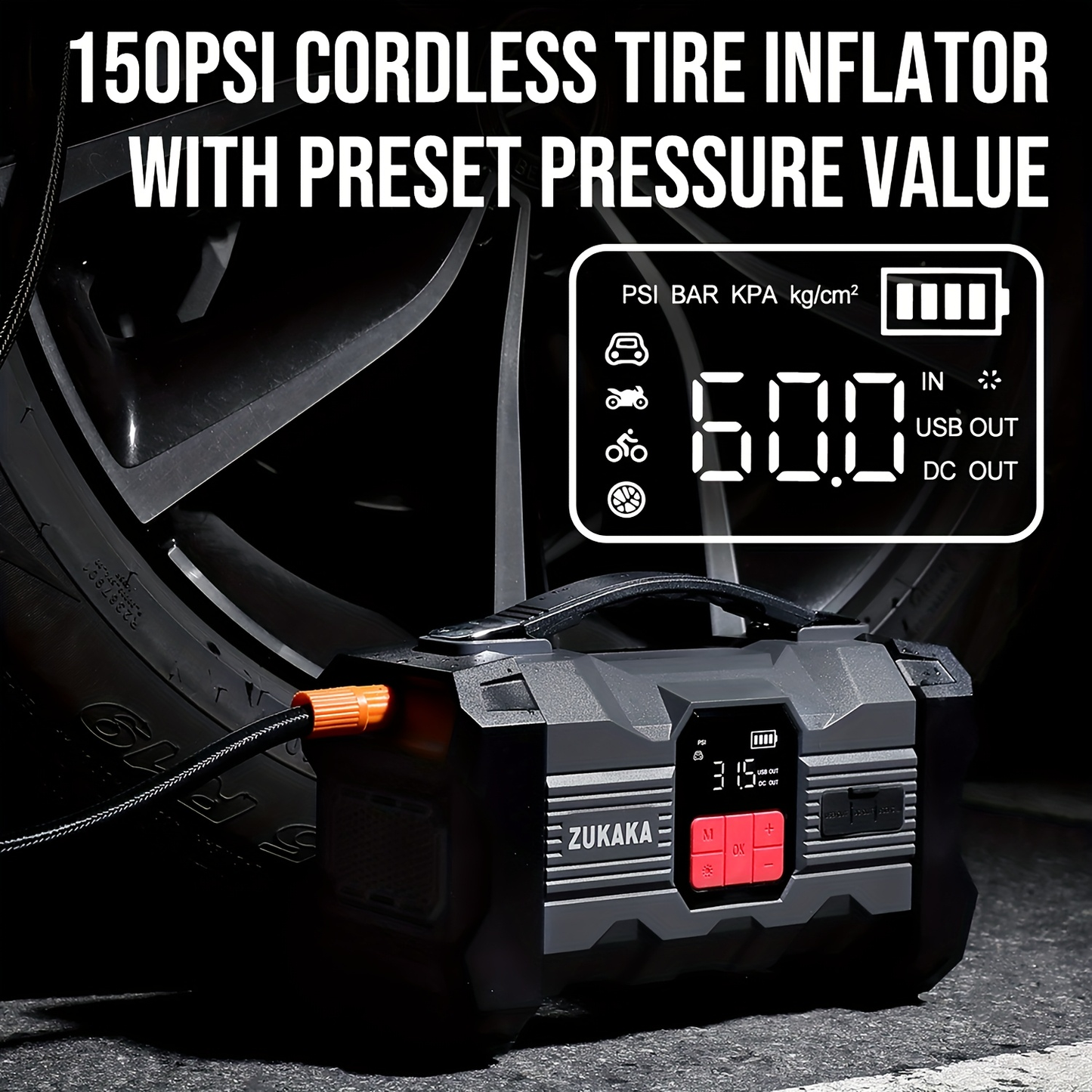 Jump Starter with Air Compressor 9000A Peak 10-in-1 150 PSI for All Gas 10L Diesel 12V USB USB-C Digital Display LED 10 Safety Protections Power Bank