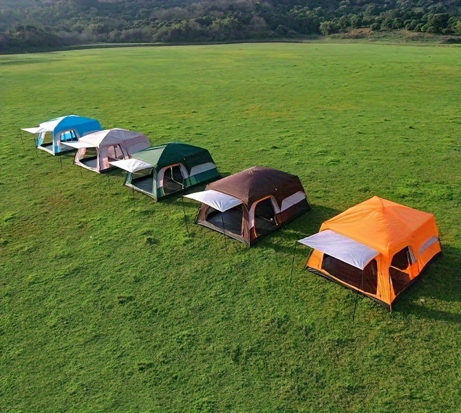 Camping Tent Two-Room Family Cabin with Shared Hall, Mosquito-Net Panels and Two Capacity Options
