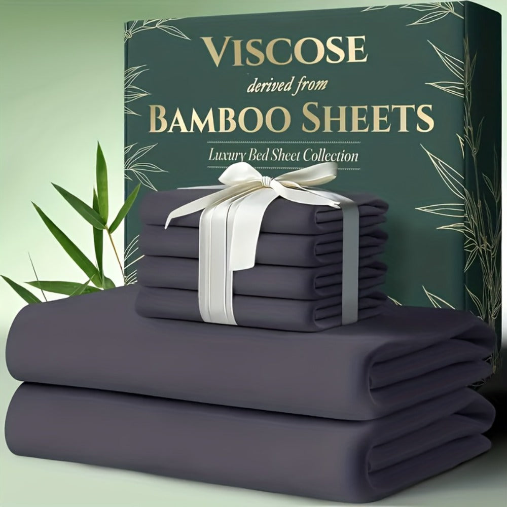 Bed Sheet Set 6-Piece Bamboo Fabric with 40–44 cm Pocket, Double-Stitched Edges and Seven Colors