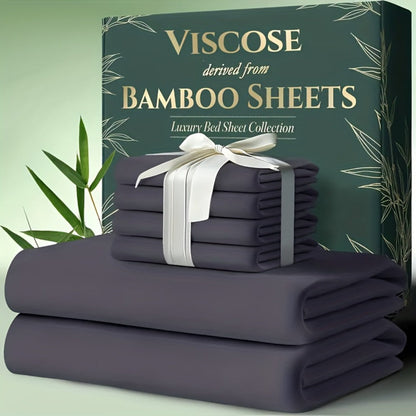 Bed Sheet Set 6-Piece Bamboo Fabric with 40–44 cm Pocket, Double-Stitched Edges and Seven Colors