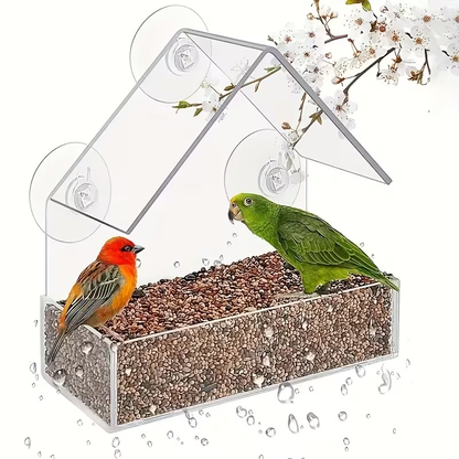 Clear Window-Mount Bird Feeder with Suction Cups, Roofed Seed Tray and Transparent Single Checkout