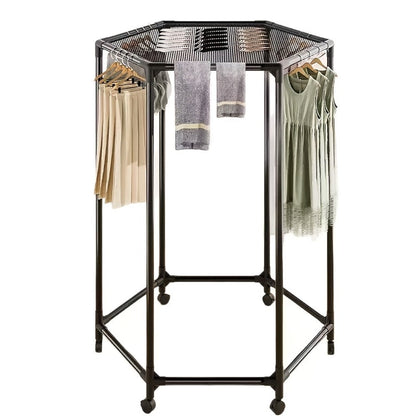 Rotating Hexagonal Garment Rack with Six-Sided Hanging Frame, Casters and Black or White Mesh-Bag Options