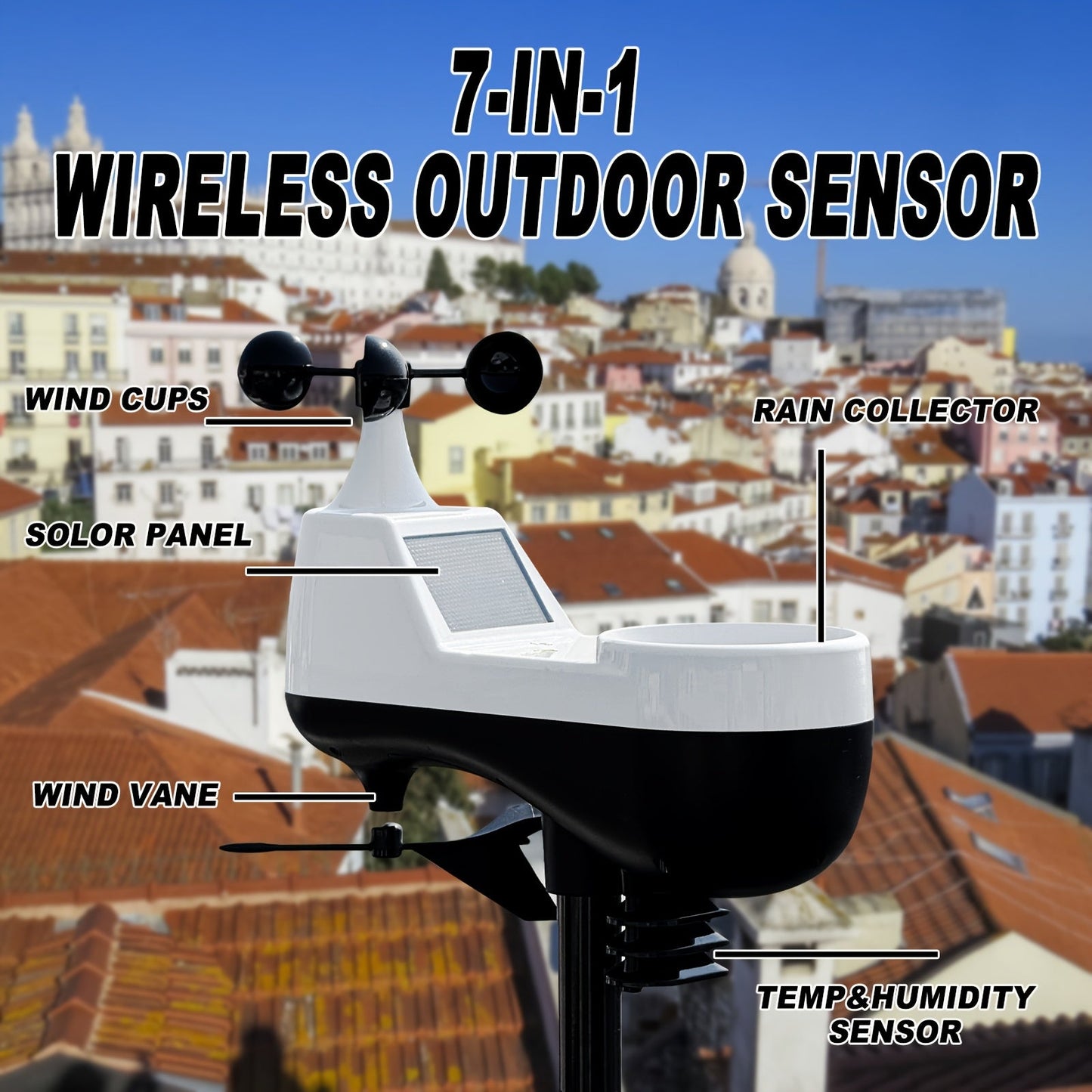 7-in-1 WiFi Weather Station with 7.5-Inch Color Display, Rain Collector, Wind Sensors and Tuya App