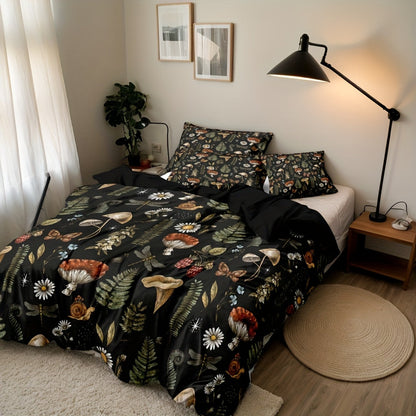 3-Piece Duvet Cover Set with Forest Mushroom and Leaf Print, Zipper Closure and Twin to King Sizes