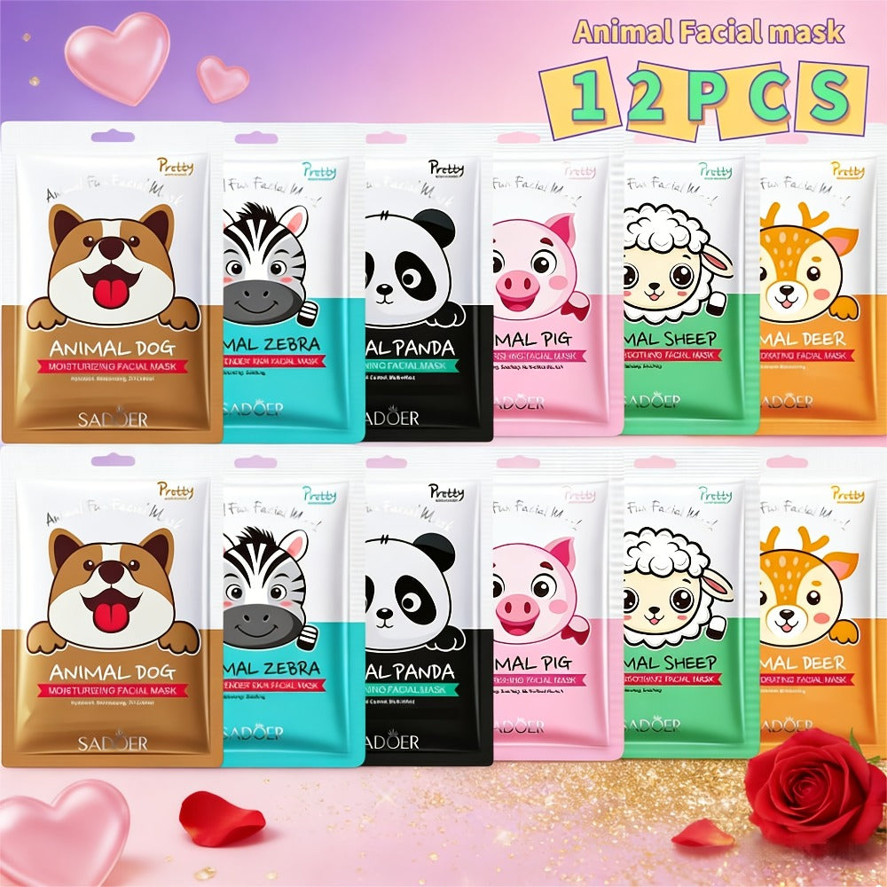 SADOER Animal-Print Sheet Mask 12-Pack with Two Each of Six Illustrated Facial Designs in Individual Pouches