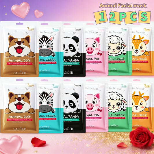 Cute Animal Print Hydrating Face Mask 12pcs Panda Zebra Puppy Sheet Masks – Moisturizing Skincare for Spring Summer, Fun Gift for Girls Women Teens All Skin Types