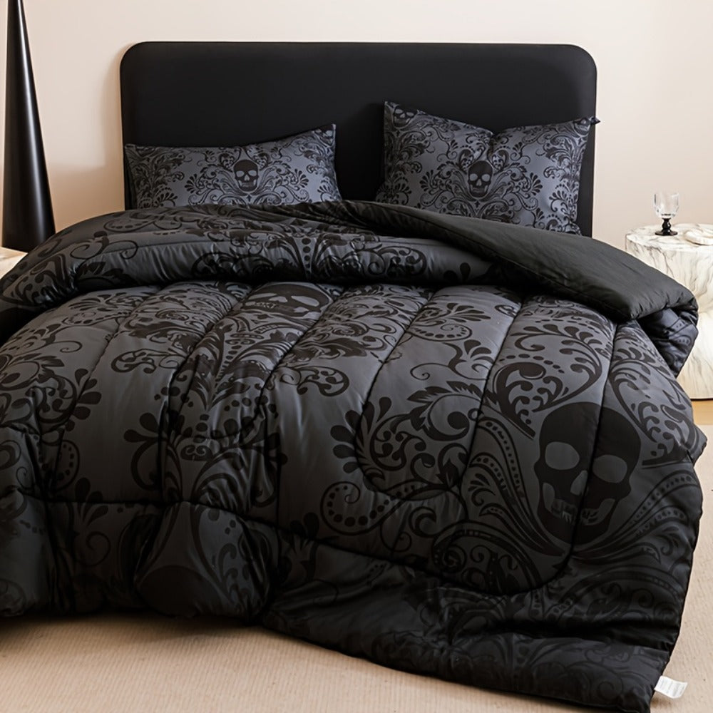 Gothic Skull Comforter Set with Two Pillowcases, Two Design Labels and Twin through King Sizes