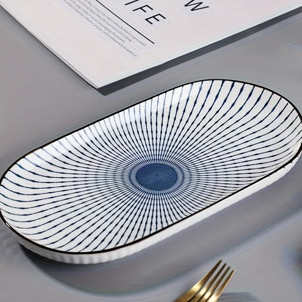 Four-Piece 12 Inch Blue and White Porcelain Fish Plate Set for Serving, Steaming and Oven Baking