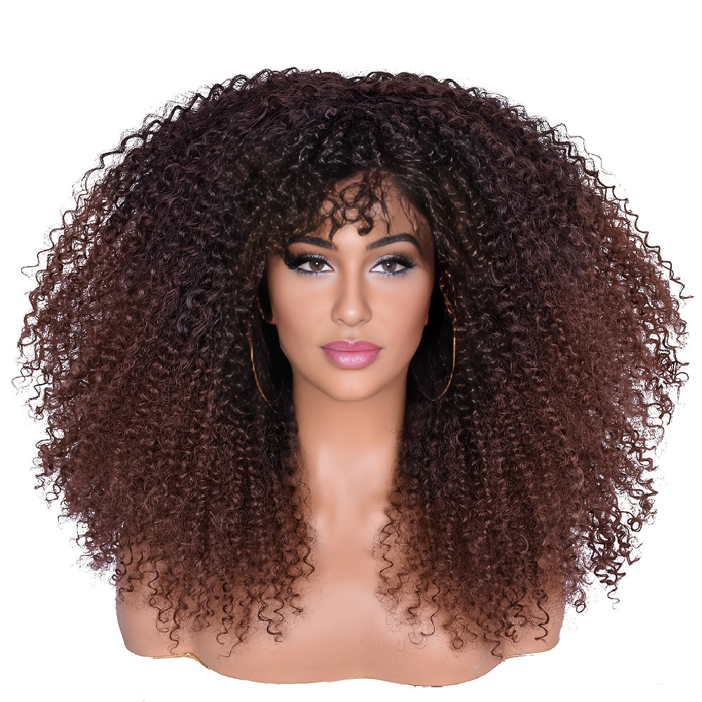 Synthetic Wig 18-Inch Kinky Curly Afro with Full Bangs, Glueless Straps and Combs for Costume Styling