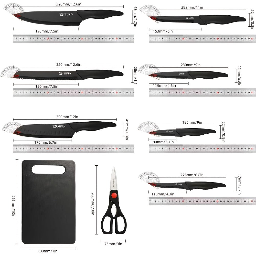 15-Piece Kitchen Knife Set with Black Handles, Steak Knives, Scissors, Honing Rod, Cutting Board and Storage Block