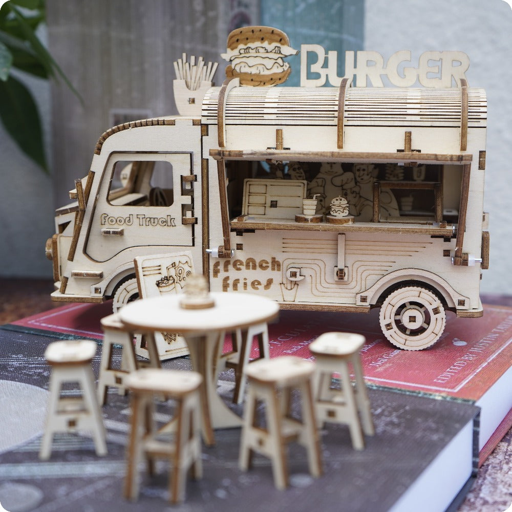 Wooden Food Truck 3D Puzzle Model Kit with Burger Stand Body, Miniature Tables and Pictured 21.5 cm Length