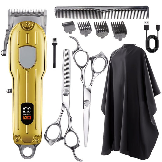 Barber Hair Clipper Kit for Men — USB Rechargeable Digital Size Adjustment, Complete Set with Scissors & 4 Limit Combs, Professional Home Barbering Grooming Set, Gift for Dad & Husband