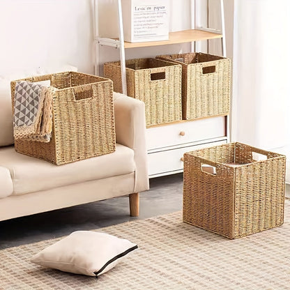 Square Woven Cube Storage Basket, 27cm on Each Side with Frame and Cutout Handles in One- or Four-Packs