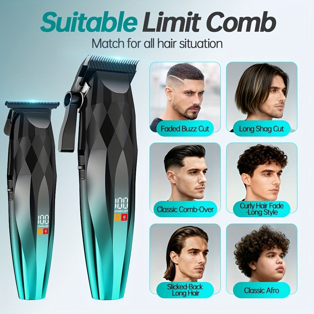 Hair Clipper and Beard Trimmer Cordless Two-Piece Set with 14 Guide Combs, Ceramic Blades and Three Colors