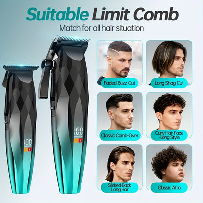 Hair Clipper and Beard Trimmer Cordless Two-Piece Set with 14 Guide Combs, Ceramic Blades and Three Colors