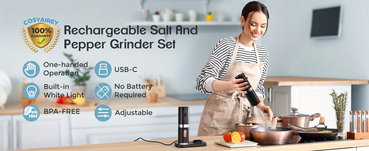 Electric Salt and Pepper Grinder Set 2-Pack Rechargeable with Charging Base & White Light - One-Hand Operation