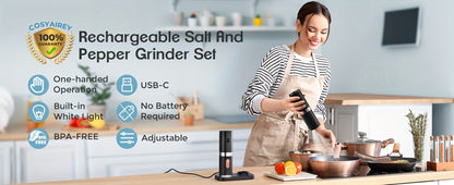 Electric Salt and Pepper Grinder Set 2-Pack Rechargeable with Charging Base & White Light - One-Hand Operation