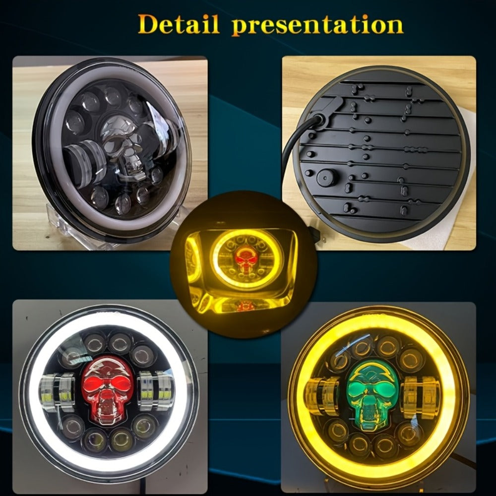 7 Inch Motorcycle LED Headlight Skull Ghost Design - Colorful Demon Eye Round Head Lamp, Custom Car Headlight Modification Front Light for Motorcycle Jeep Truck