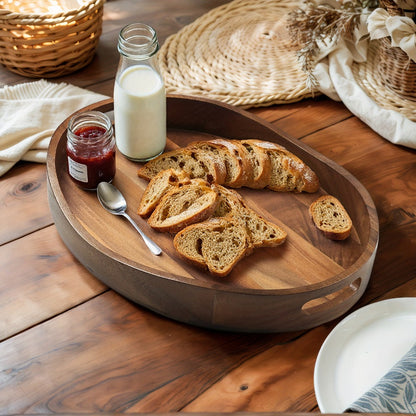 Oval Acacia Wood Serving Tray with Integrated Handles and Pictured 16.9 x 13-Inch Dimensions