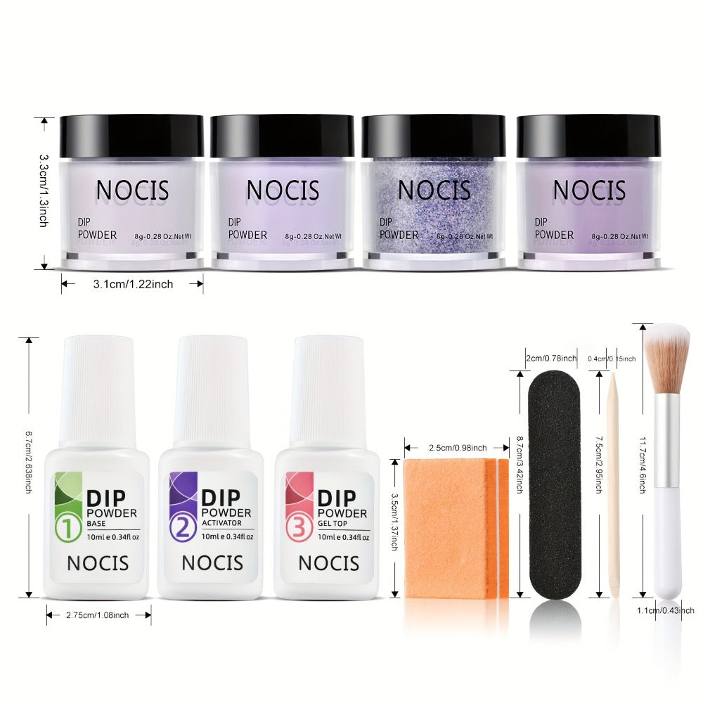 Dip Powder Nail Kit with NOCIS Label, Four Lilac Lavender Purple Glitter Powders, Three 10ml Liquids and Tools