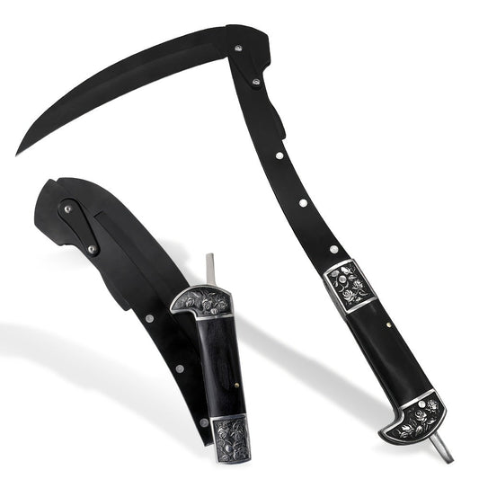 Folding Sickle Stainless Steel Flat Edge Blade with Black Wood Handle & Double Bolsters, Portable Weeding Scythe with Nylon Case for Gardening, Camping and Outdoor Survival