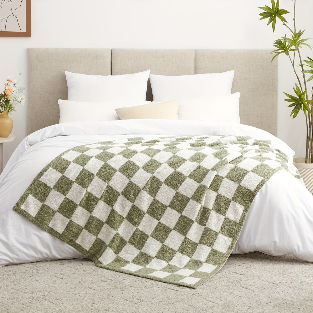 Jacquard Knit Checkered Blanket – Soft Cozy Fluffy Plaid Throw for Couch, Bed & Sofa, All Seasons, 4 Colors, Throw to King Size