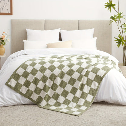 Jacquard Knit Checkered Blanket – Soft Cozy Fluffy Plaid Throw for Couch, Bed & Sofa, All Seasons, 4 Colors, Throw to King Size