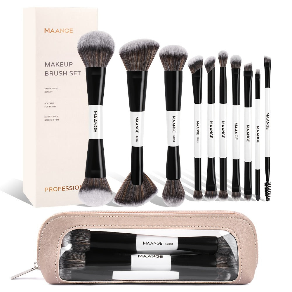 Double-Ended Makeup Brush Set 10PCS with Cosmetic Bag – Soft Nylon Bristles Dual-Ended Blush Eyeshadow Face Brushes Professional Kit for Beginners & Pros Women