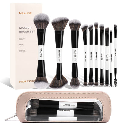 Double-Ended Makeup Brush Set 10PCS with Cosmetic Bag – Soft Nylon Bristles Dual-Ended Blush Eyeshadow Face Brushes Professional Kit for Beginners & Pros Women