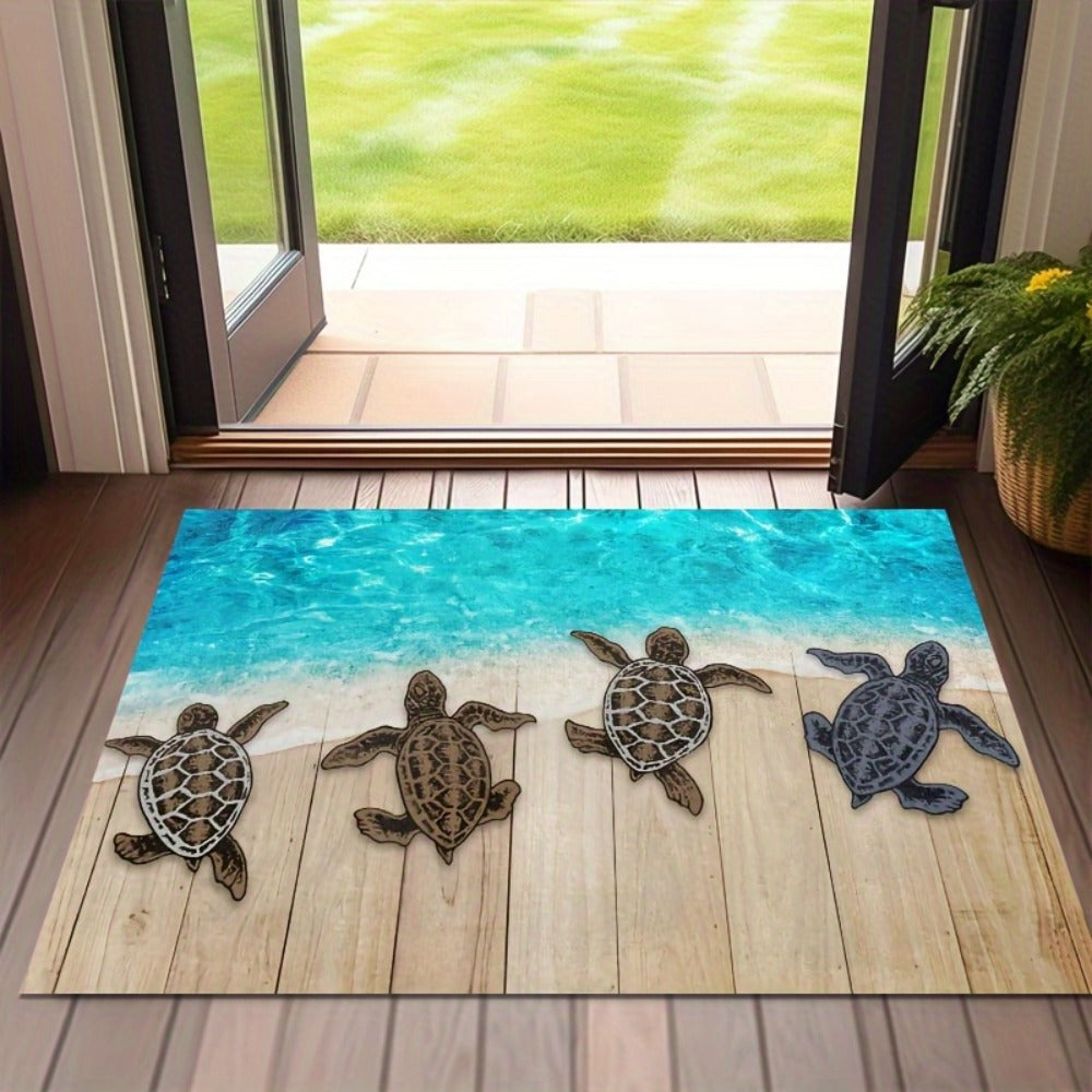Beach Turtle Door Mat with Coastal Ocean Print in Color1 and 30-by-18-Inch Checkout Configuration