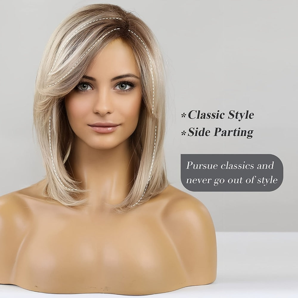 Rose Net Cap Straight Wig Platinum Blonde Mixed White Golden 16 Inch – Adjustable Mechanism Head Cover Lightweight Synthetic Hair for Women Daily Wear Costume Cosplay Party