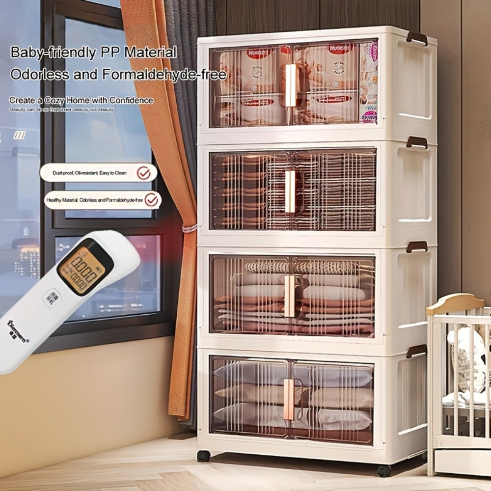 Storage Cabinet Folding Plastic Organizer with Magnetic Doors, Lockable Wheels and Three to Five Tiers