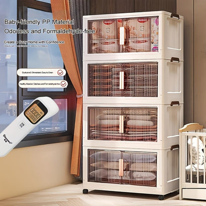 Storage Cabinet Folding Plastic Organizer with Magnetic Doors, Lockable Wheels and Three to Five Tiers