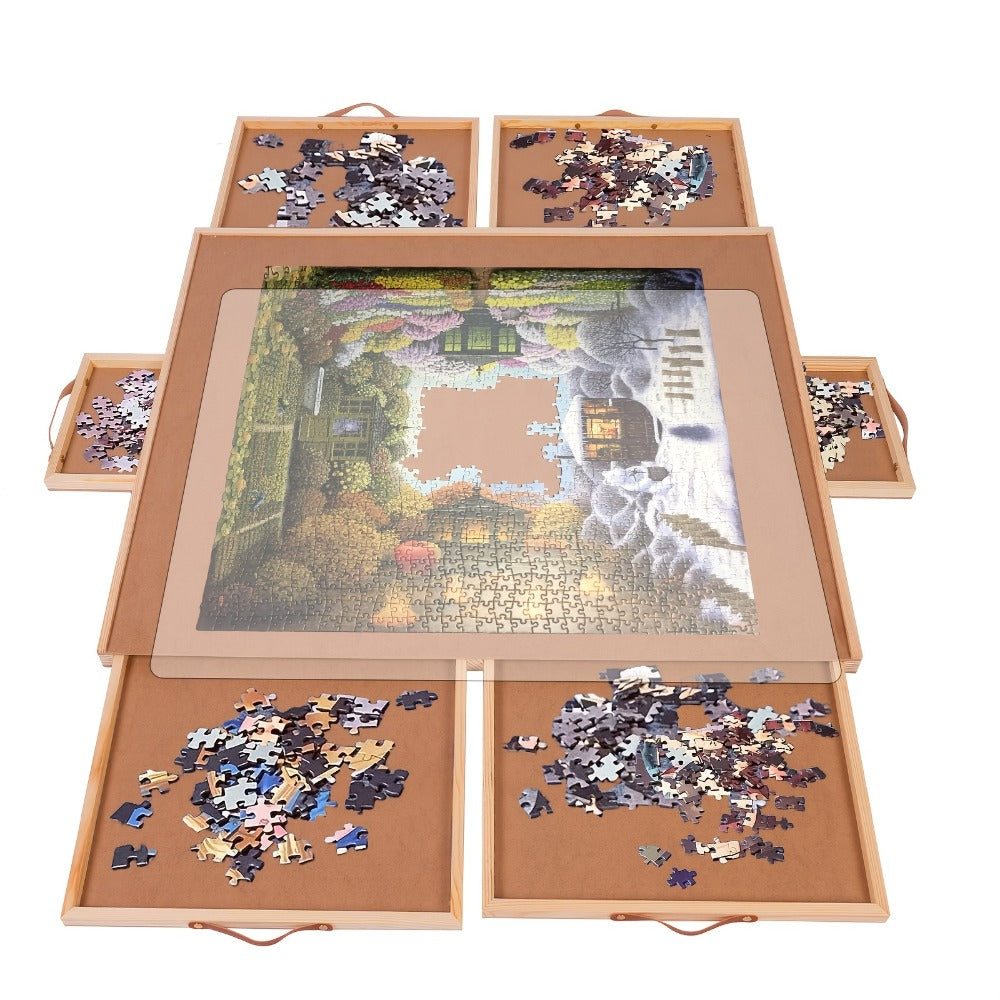 Rotating Wood-Look Puzzle Board with Six Sorting Drawers, Clear Cover and 35 x 27-Inch Surface