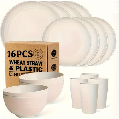 Wheat Straw Dinnerware Set 16 or 32 Piece – Plates & Bowls for 4 or 8 People, Microwave & Dishwasher Safe Plastic Dish Set, Lightweight Colorful Tableware for Home, Party & Holiday