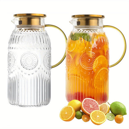 Embossed 68-Ounce Glass Pitcher with Golden-Tone Handle and Lid in One- or Two-Piece Packs