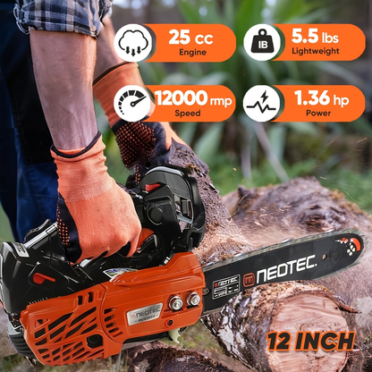 25CC 12-Inch Top-Handle Gas Chainsaw with 12000 RPM Source Rating and 5.5-Pound Body Configuration