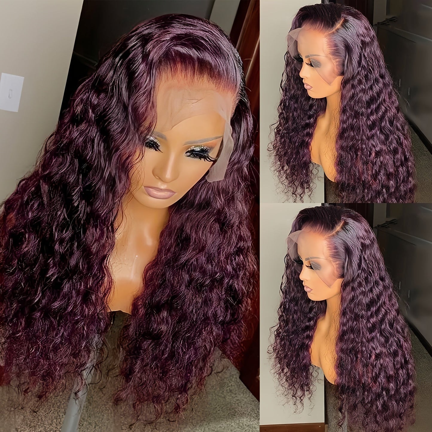 Lace Front Wig 200% Density HD Transparent Lace Curly Deep Wave 99J Burgundy Glueless Pre-Plucked Bleached Knots Natural Hairline Long Voluminous Women 32 Inch Undetectable