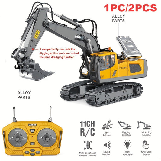 RC Construction Truck Toy 1:24 Scale Alloy Bulldozer Dump Truck & Excavator – 11-Channel Remote Control with Forward, Backward, Turning & Sound, Indoor Outdoor RC Toy Gift for Boys Girls
