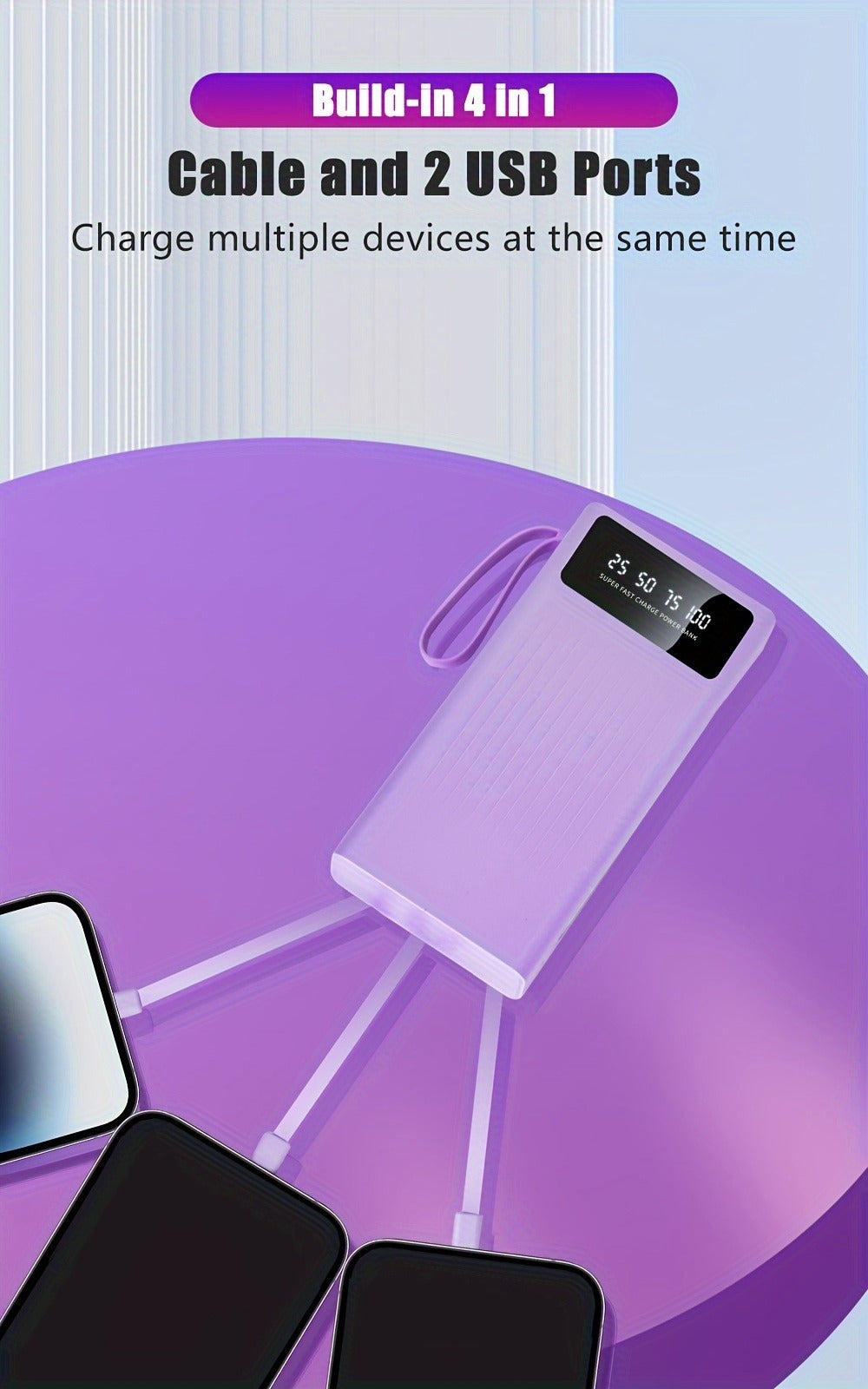 Power Bank 10000-30000mAh with 15W Charging, Four-in-One Cable and Four-Mode Camping Light
