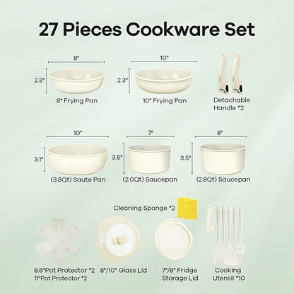 Cookware Set, 23- or 27-Piece Detachable-Handle Pots and Pans with Beige or Pink Finish, Induction, Oven and Dishwasher Use
