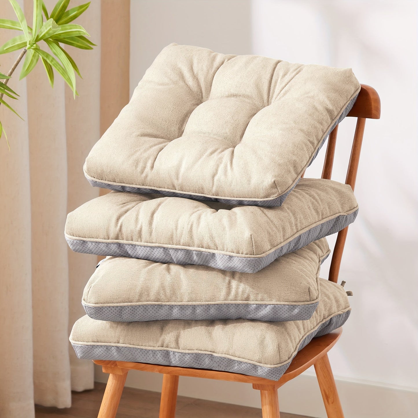 Tufted Chair Cushion Set with Four 15.5-Inch Pads, Tie Straps and 11 Solid Color Choices for Dining Chairs