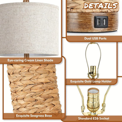 Table Lamp Set of Two with 27-Inch Woven Seagrass Bases, Linen Shades, Dual USB Ports and E26 Sockets