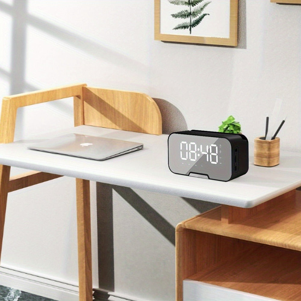 Pink Mirror Bluetooth Speaker with Wireless Microphone – LED LCD Display, FM Radio, TF Card, USB Charging, Alarm Clock, Adjustable Volume & Brightness, Birthday & Easter Gift for Girls