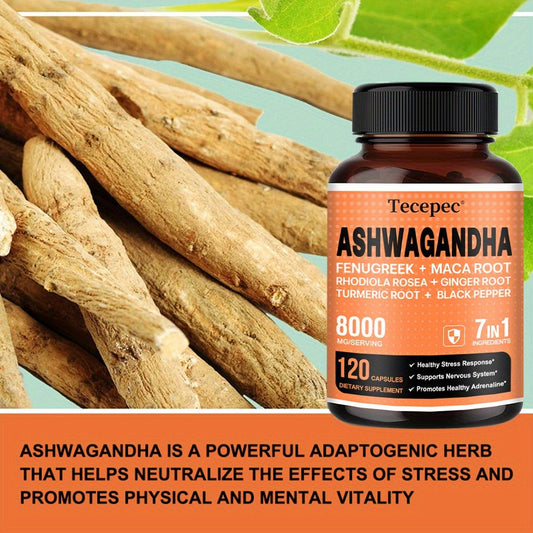 Ashwagandha Capsules 7-in-1 Adaptogen Blend 120ct with Maca Root Rhodiola Rosea Ginseng — Natural Stress Relief Cortisol Support Energy Focus Nerve Health Supplement for Men Women 1 & 2 Bottle
